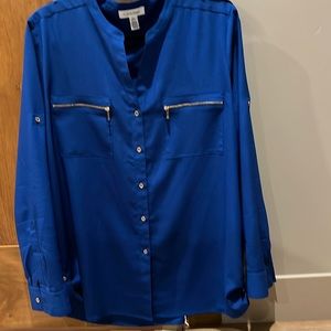 Calvin Klein Banded Collar Pocket Detail Long Roll-Tab Sleeve Blouse - Blue XL